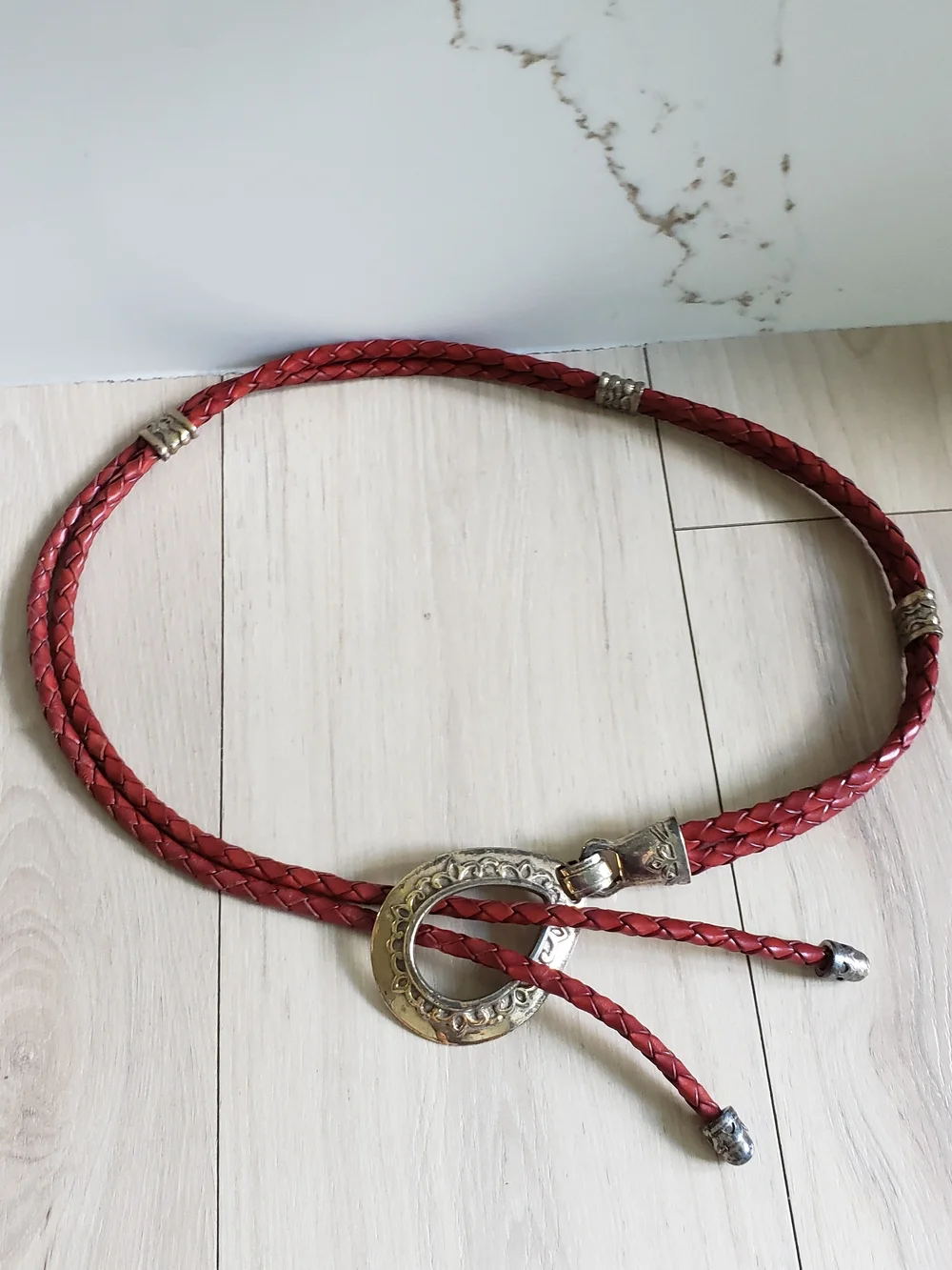 Vintage‎ Braided Red Leather Sling Western Knot Belt Silver-Tone Hardware 1994